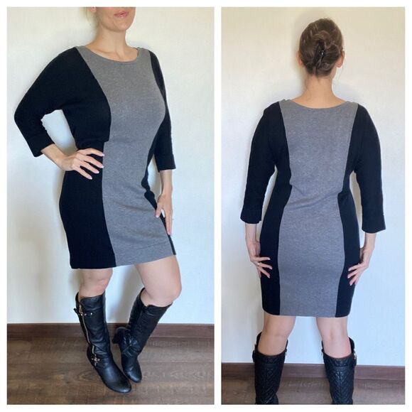 Sweater Dress Black Grey Colorblock Large Office Work Academia Stripe - Picture 1 of 8